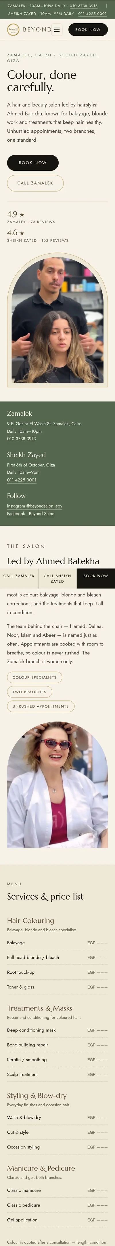 Beyond Salon website on mobile